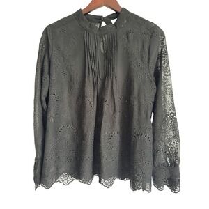 Choklate Paris Black Eyelet Lace Pintuck Mock Neck Blouse Small sheer whimsy